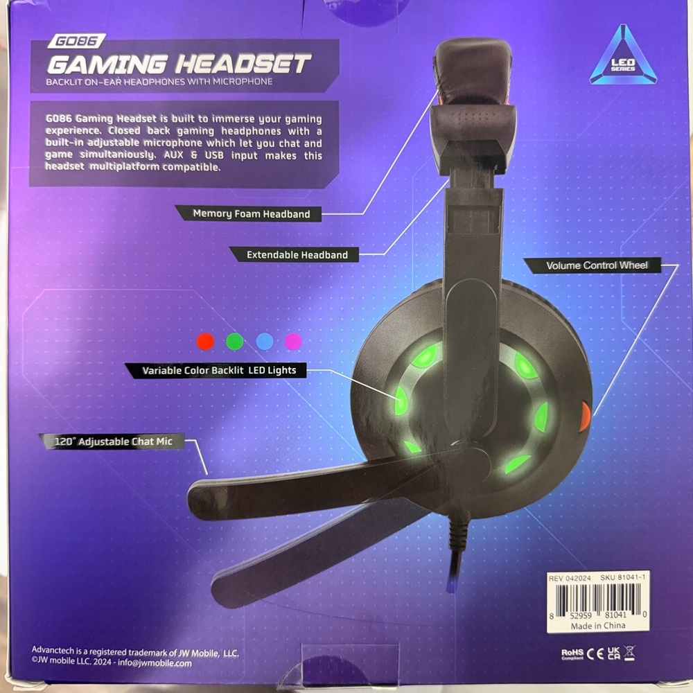 Advanctech G086 Gaming Headset Backlit LED On-Ear Headphones with Mic Black - Picture 5 of 6